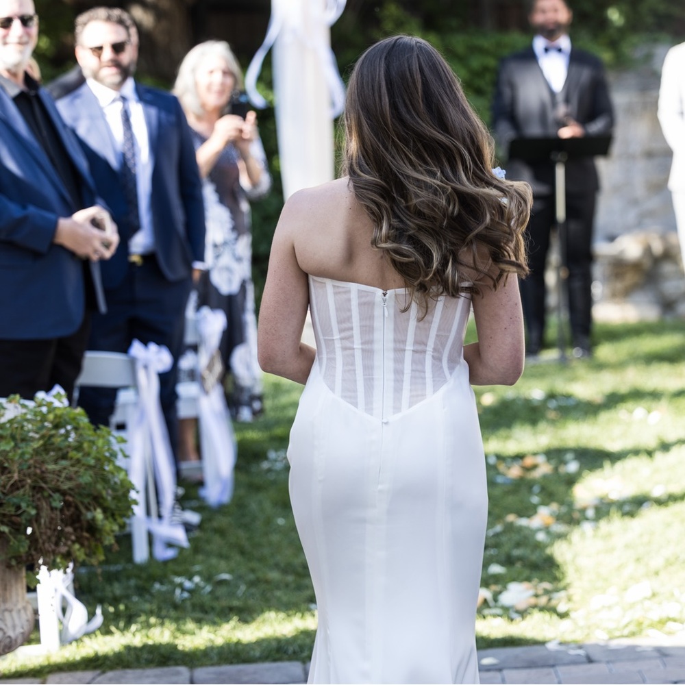 Flexible Sizing: White Bridal Gown with Sheer Boned Bodice, very modern-classy